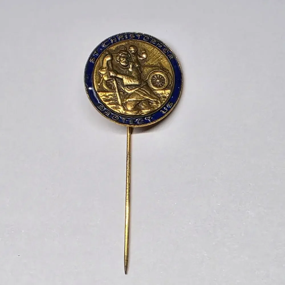 Vintage St. Christopher Protect Us Blue Enamel Gold Tone Religious Stick Pin